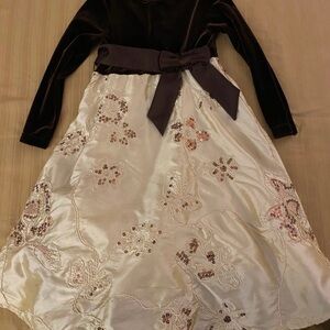 Girls' Cream and Brown Embroidered Holiday Dress